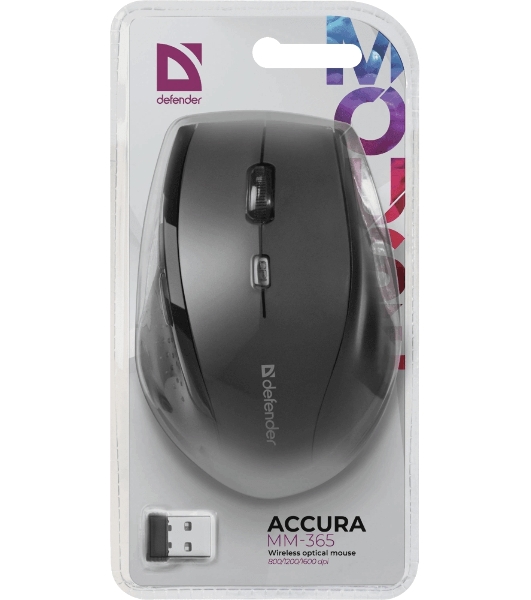 Мышь беспроводная Defender Accura MM-365 черный, 1600 dpi, радиоканал, USB, кнопки - 6