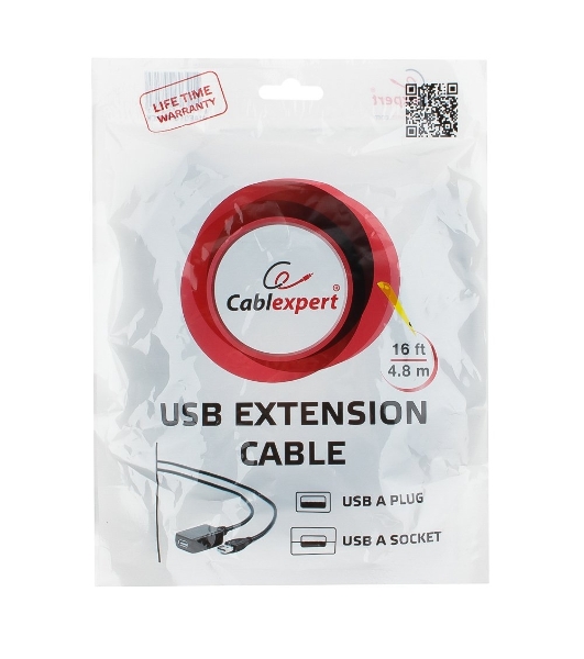 Кабель Gembird USB 2.0 удлинительный, активный 4.8м AM/AF, черный