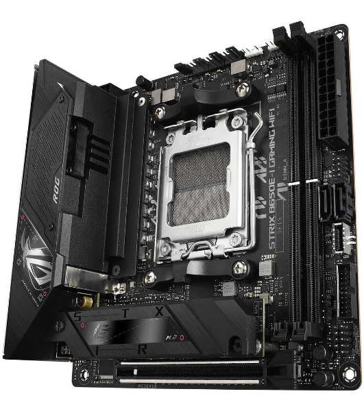Материнская плата ASUS ROG STRIX B650E-I GAMING WIFI, AM5, AMD B650, 2xDDR5, 2xSATA, 2xM.2, 1xPCIe 5.0 x16, 1xHDMI, 1x 2.5Gb LAN, 4xUSB-A 3.2 Gen 2, 1xUSB-A 3.2 Gen 1, 1xUSB-C 3.2 Gen 2x2, 3x3.5 мм, 7.1, Mini-ITX