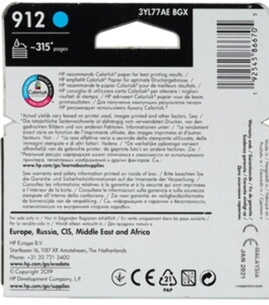 Картридж струйный HP 912 3YL77AE голубой (315стр.) для HP OfficeJet 801x/802x