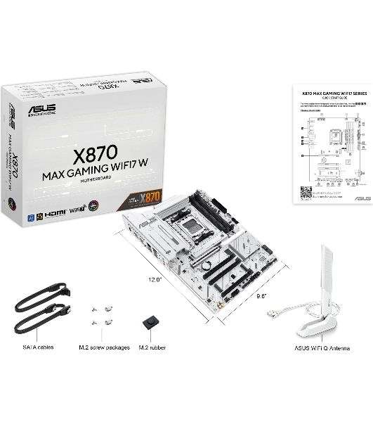 Материнская плата ASUS X870 MAX GAMING WIFI7 W, AM5, AMD X870, 4xDDR5, 4xSATA, 3xM.2, 1xPCIe 5.0 x16, 2xPCIe 4.0 x16, 1xPCIe 3.0 x16, 1xHDMI, 2xUSB Type-C (Display), 1x2.5Gb LAN, Wi-Fi 7, Bluetooth 5.4, 2xUSB-C 40Gbps, 1xUSB-A 10Gbps, 3xUSB-A 5Gbps, 4xUSB-A 2.0, 3x3.5 мм, 7.1, ATX
