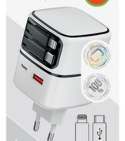 Сетевое зарядное устройство Qumo Energy PD 35Вт (Charger 0093), USB-A QC4+USB-C PD+(USB-C PD+USB 8Pin встр,кабель), белая