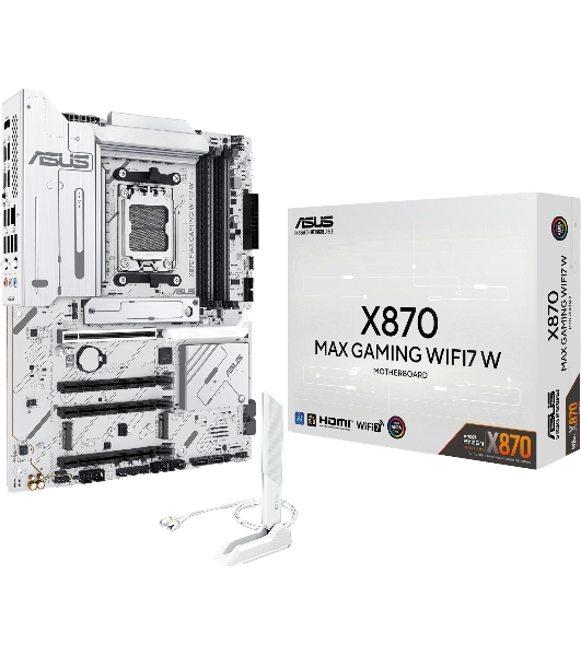 Материнская плата ASUS X870 MAX GAMING WIFI7 W, AM5, AMD X870, 4xDDR5, 4xSATA, 3xM.2, 1xPCIe 5.0 x16, 2xPCIe 4.0 x16, 1xPCIe 3.0 x16, 1xHDMI, 2xUSB Type-C (Display), 1x2.5Gb LAN, Wi-Fi 7, Bluetooth 5.4, 2xUSB-C 40Gbps, 1xUSB-A 10Gbps, 3xUSB-A 5Gbps, 4xUSB-A 2.0, 3x3.5 мм, 7.1, ATX