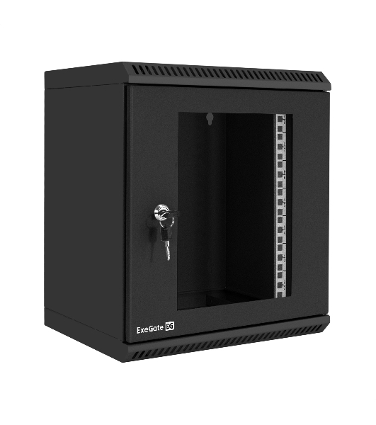 Шкаф телекоммуникационный 10' настенный 9U ExeGate EC-WM-9U.280.G.BLACK (10”, 9U, 350x280x420mm (ШхГхВ), передняя дверь закаленное стекло, пыле- и влагозащита IP23, черный RAL 9004)