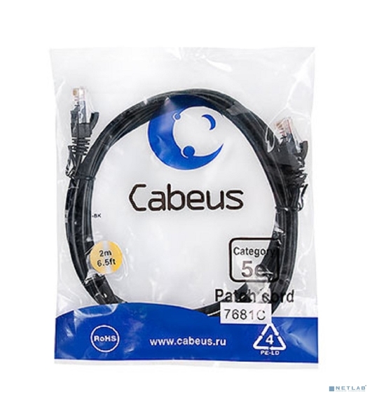 Патч-корд Cabeus, Cat.5e, неэкр., U/UTP, RJ45/RJ45, LSZH, AWG24, 2м, черный
