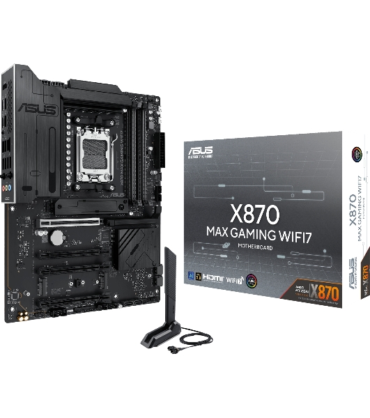 Материнская плата ASUS X870 MAX GAMING WIFI7, AM5, AMD X870, 4xDDR5, 4xSATA, 3xM.2, 1xPCIe 5.0 x16, 2xPCIe 4.0 x16, 1xPCIe x1, 1xHDMI, 2xUSB-C 40Gbps (USB4), 1xUSB-A 10Gbps, 3xUSB-A 5Gbps, 4xUSB-A 2.0, 1x2.5Gb LAN, Wi-Fi 7, Bluetooth 5.4, 3x3.5 мм, 7.1, ATX