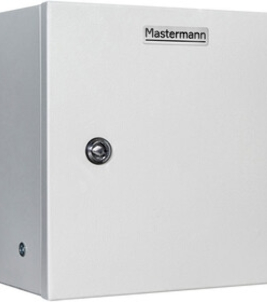 Универсальный монтажный шкаф МASTERMANN-11У+. Габариты (внешние): 300х300х220 (ШхВхГ) Комплектация: замок 1 шт, ключ 1 шт, монтажная плата 1шт, гермовводы (MG-25) 2 шт, усиленные петли, уплотнительная резинка на корпусе. Полезная глубина 165 мм