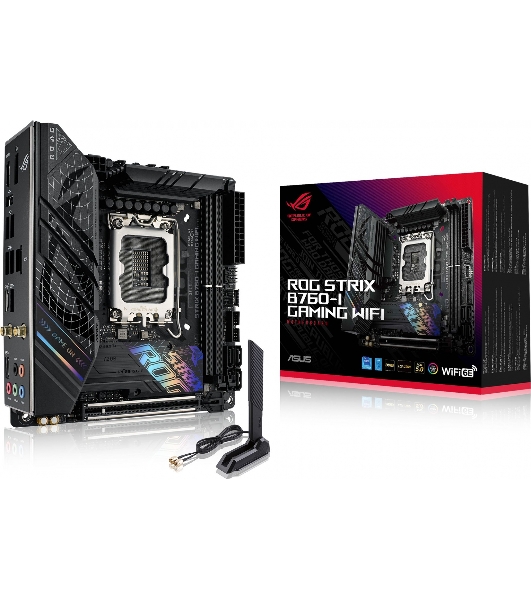 Материнская плата ASUS ROG STRIX B760-I GAMING WIFI, LGA 1700, Intel B760, 2xDDR5, 4xSATA, 2xM.2, 1xPCIe 5.0 x16, 1xHDMI, 1xDP, 1x 2.5Gb LAN, 3xUSB-A 2.0, 3xUSB-A 3.2 Gen 1, 1xUSB-C 3.2 Gen 1, 1xUSB-C 3.2 Gen 2x2, 5x3.5 мм, 7.1, Mini-ITX