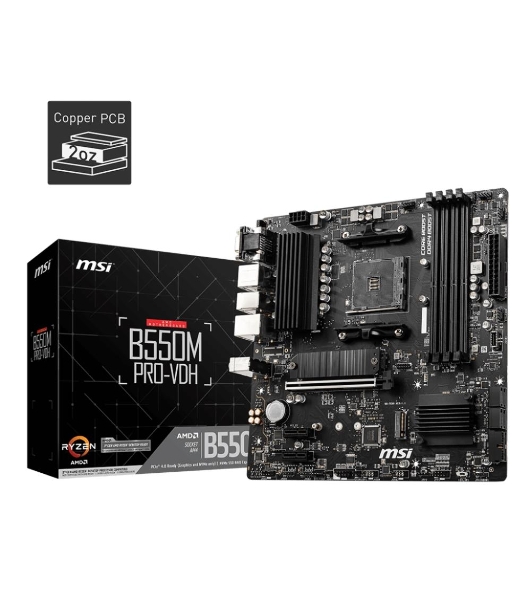 Материнская плата MSI B550M PRO-VDH, AM4, AMD B550, 4xDDR4, 4xSATA, 2xM.2, 1xPCI-E 4.0 x16, 2xPCI-E x1, 1xDP, 1xHDMI, 1xVGA, 1x 1Gb LAN, 2xUSB 2.0, 4xUSB 3.2 Gen 1, 3x3.5 мм, 7.1, Micro-ATX