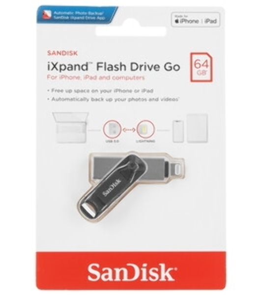 Флешка USB SanDisk IX60N iXpand Go (SDIX60N-064G-GN6NN), 64Gb, USB 3.0/Lightning, R/W 150/70, черный/серебристый
