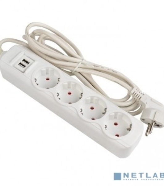 Удлинитель EKF UBA16-2USB-4-03i 'Эксперт' 4 гнезда 3 метра 16А/3,5 кВт с 2 USB 2,1А ПВС 3х1