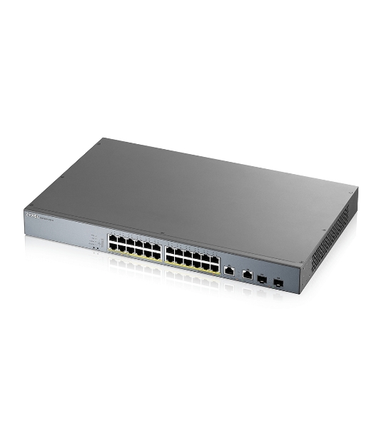 Коммутатор Zyxel GS1350-26HP, 24xGE PoE+, 2xCombo (SFP/RJ-45), бюджет PoE 375 Вт, дальность передачи питания до 250 м, автоперезагрузка PoE-портов, повышенная защита от перенапряжений и электростатических разряд