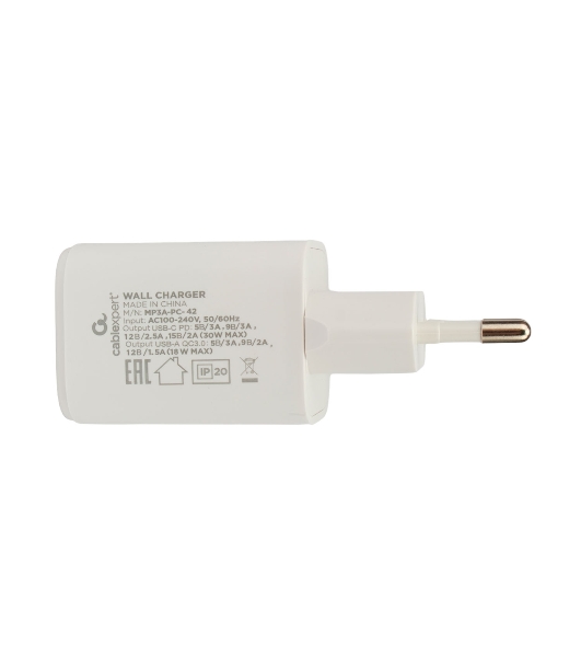 Сетевое зарядное устройство Cablexpert MP3A-PC-42, 30Вт, быстрая зарядка QC3.0/PD, 2 порта: USB и Type-C, белый, пакет