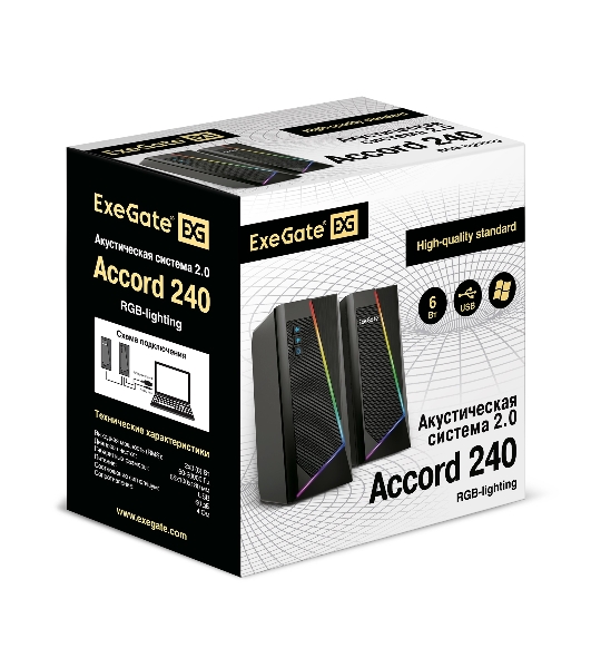 Акустическая система 2.0 ExeGate EX289688RUS Accord 240 (питание USB, 2х3Вт (6Вт RMS), 60-20000Гц, черный, RGb подсветка)