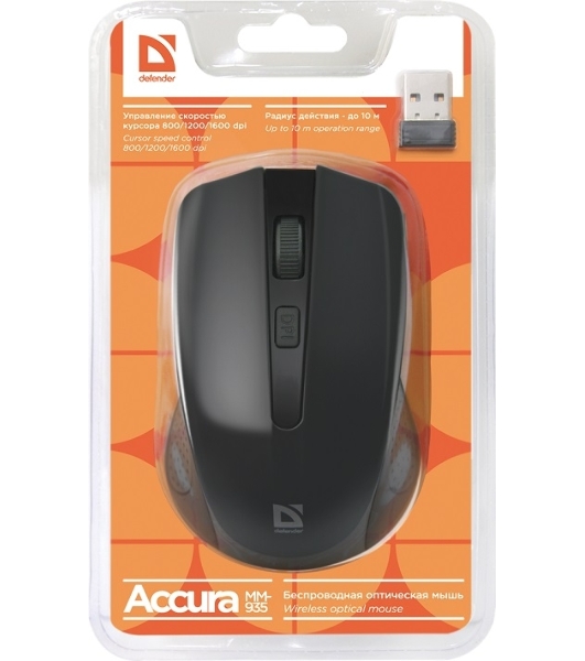Мышь беспроводная Defender Accura MM-935 черный, 1600 dpi, радиоканал, USB, кнопки - 4