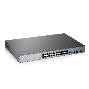 Коммутатор Zyxel GS1350-26HP, 24xGE PoE+, 2xCombo (SFP/RJ-45), бюджет PoE 375 Вт, дальность передачи питания до 250 м, автоперезагрузка PoE-портов, повышенная защита от перенапряжений и электростатических разряд