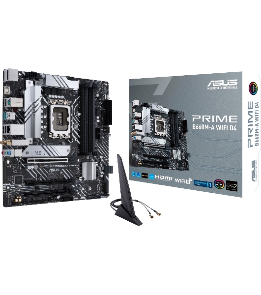 Материнская плата ASUS PRIME B660M-A WIFI D4, Socket LGA 1700, Intel B660, 4xDDR4, 4xSATA, 2xM.2, 1xPCIe 4.0 x16, 1xPCIe 3.0 x16, 1xDP, 2xHDMI, 1x 1Gb LAN, 2xUSB-A 3.2 Gen 2, 4xUSB-A 2.0, 3x3.5 мм, 7.1, mATX