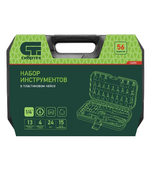Набор инструментов Сибртех, 1/4', пластиковый кейс 56 предметов