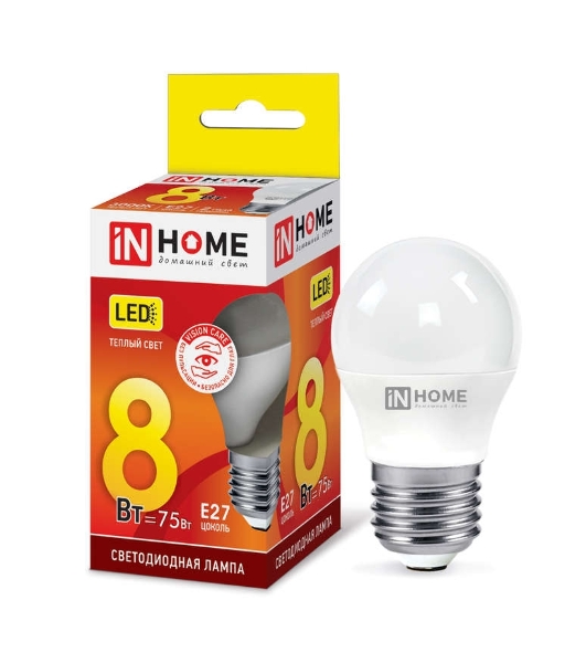 Лампа светодиодная LED-ШАР-VC 8Вт 230В E27 3000К 720лм IN HOME 4690612020563