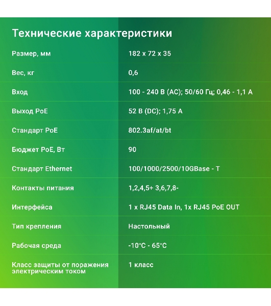 Инжектор PoE Digma DNP90W52GWXM 100/1000/2500/10GbASE-T 90Вт 100-240В(АС)