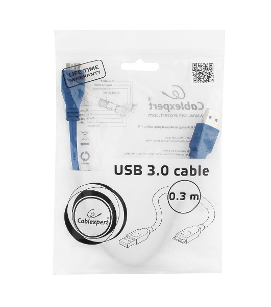 Кабель Gembird/Cablexpert USB 3.0 Pro, AM/microBM 9P, 30 см, экран, синий, пакет