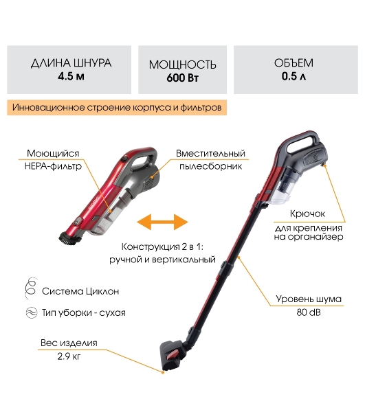 Пылесос вертикальный Endever SkyClean VC-288 красный/серый, питание от сети, 150 Вт, уборка сухая, пылесборник 0.5 л