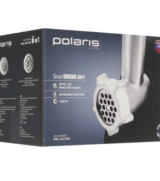 Мясорубка электрическая Polaris PMG 1855 RUS черный, 1800 Вт, 2.0 кг/мин, реверс, защита от перегрузки, насадки - 7