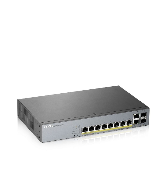 Коммутатор Zyxel GS1350-12HP, 10xGE (8xPoE+), 2xSFP, бюджет PoE 130 Вт, дальность передачи питания до 250 м, автоперезагрузка PoE-портов, повышенная защита от перенапряжений и электростатических разрядов