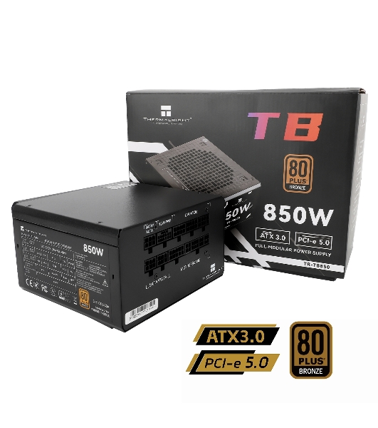 Блок питания Thermalright, 850W 80+ Bronze (ATX, 3.0, PCIe 5.0, Full modular, 1x24(20+4)pin, 2xCPU 8(4+4)pin, 4xPCIe*2 8(6+2)pin, 3xSATA3, 1x12+4pin (12VHPWR PCIe 5.0 12+4pin 600mm), 3xMOLEX4pin, Active, 120x120мм, 150x140x86mm, APFC, black)