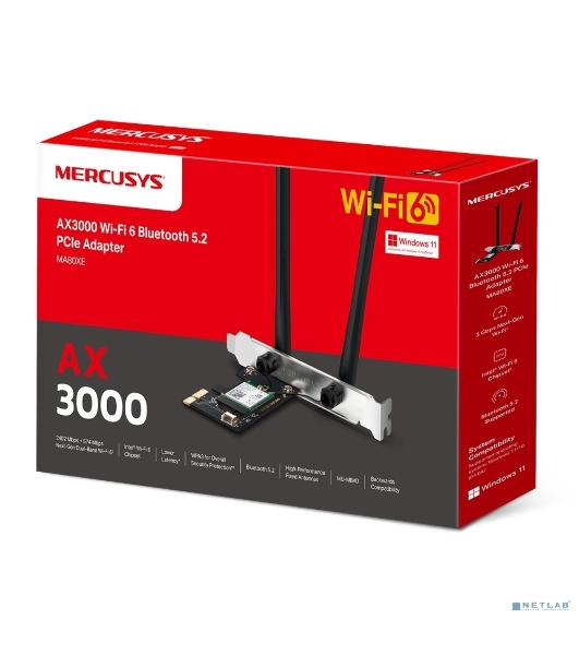 Сетевой адаптер Wi-Fi + Bluetooth Mercusys MA80XE AX3000 PCI Express (ант.внеш.несъем.) 2ант.