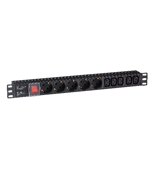 Блок розеток горизонтальный ExeGate ServerPro PDU-19H008 Al-5C135S-C14-SW, 19', 1U, Алюминий, 5 IEC 320 C13, 5 Schuko, С14, выкл. с подсветкой, черный