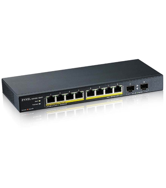 Коммутатор PoE+ Zyxel GS1100-10HP, 8xGE PoE+, 2xSFP, настольный, бесшумный, бюджет PoE 130 Вт