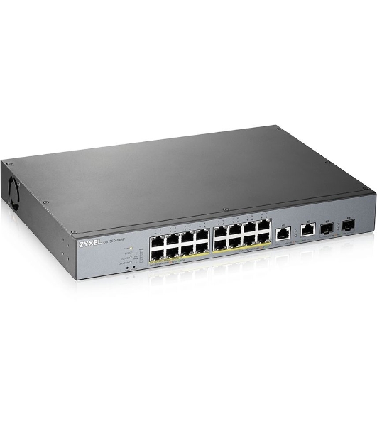 Коммутатор Zyxel GS1350-18HP, 16xGE PoE+, 2xCombo (SFP/RJ-45), бюджет PoE 250 Вт, дальность передачи питания до 250 м, автоперезагрузка PoE-портов, повышенная защита от перенапряжений и электростатических разряд