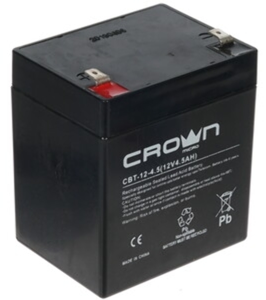 Батарея для ИБП CROWN CBT-12-4.5, напряжение 12В, емкость4,5 А/Ч, размеры (мм)90х70х101, вес 1,48 кг, тип клеммы - F2, тип АКБ - свинцово кислотная с загущеным электролитом в гель, срок службы 6 лет