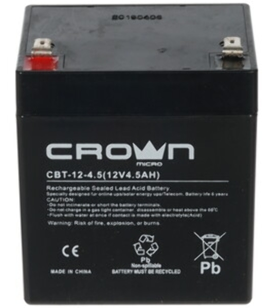 Батарея для ИБП CROWN CBT-12-4.5, напряжение 12В, емкость4,5 А/Ч, размеры (мм)90х70х101, вес 1,48 кг, тип клеммы - F2, тип АКБ - свинцово кислотная с загущеным электролитом в гель, срок службы 6 лет