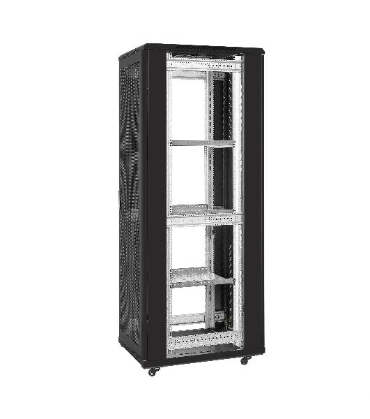 Шкаф телекоммуникационный 19' напольный 42U ExeGate EC-FS-42U.600.800.G.V.BLACK (19”, 42U, 600x800x2054mm (ШхГхВ), передняя дверь закаленное стекло, задняя перфорированная дверь, съемные боковые панели, пыле- и влагозащита IP20, встроенный вентиляционный модуль, 1 полка в комплекте, черный RAL 9004, 3 коробки)