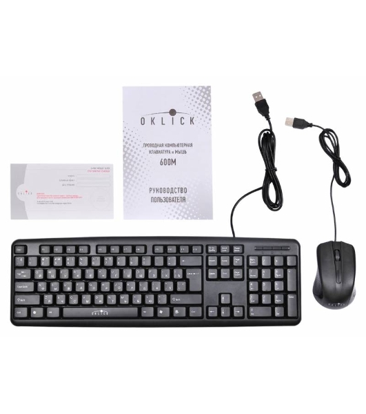 Комплект клавиатура+мышь Oklick 600M проводной, USB, 1200 DPI, чёрный