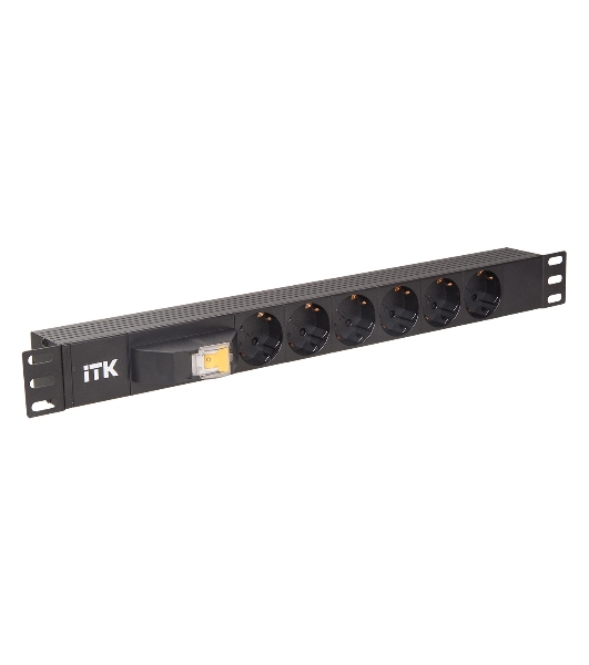 Блок ITK PDU 6 розеток DIN49440 (нем. cтанд.), с автоматом на 10А,1U, без шнура, вх. IEC320 C14, алюминиевый профиль, черный