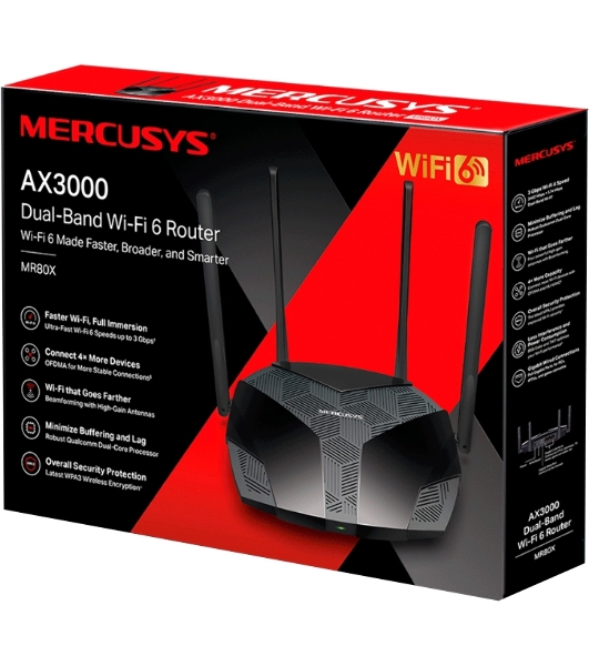Двухдиапазонный роутер MERCUSYS MR80X AX3000 Wi-Fi 6, до 574 Мбит/с на 2,4 ГГц + до 2402 Мбит/с на 5 ГГц,4 фиксированные внешние антенны, 3 гигабитных порта LAN, 1 гигабитный порт WAN