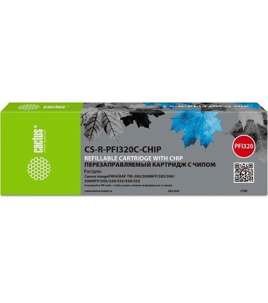 Картридж струйный Cactus CS-R-PFI320C-CHIP PFI-320C голубой (260мл) для Canon imagePrograff TM-200/200MFP/205/300/300MFP/305/250/255/350/355 с чипом