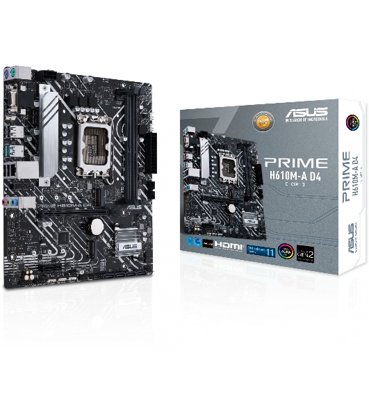 Материнская плата ASUS PRIME H610M-A D4-CSM, LGA 1700, Intel H610, 2xDDR4, 4xSATA, 2xM.2, 1xPCIe 4.0 x16, 1xPCIe x1, 1xDP, 1xD-Sub, 1xHDMI, 1x 1Gb LAN, 4xUSB-A 2.0, 2xUSB-A 3.2 Gen 1, 7.1, mATX