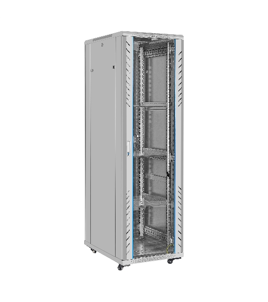 Шкаф телекоммуникационный 19' напольный 42U ExeGate EC-FS-42U.600.800.G.V.GREY (19”, 42U, 600x800x2054mm (ШхГхВ), передняя дверь закаленное стекло, задняя перфорированная дверь, съемные боковые панели, пыле- и влагозащита IP20, встроенный вентиляционный модуль, 1 полка в комплекте, светло-серый RAL 7035, 3 коробки)