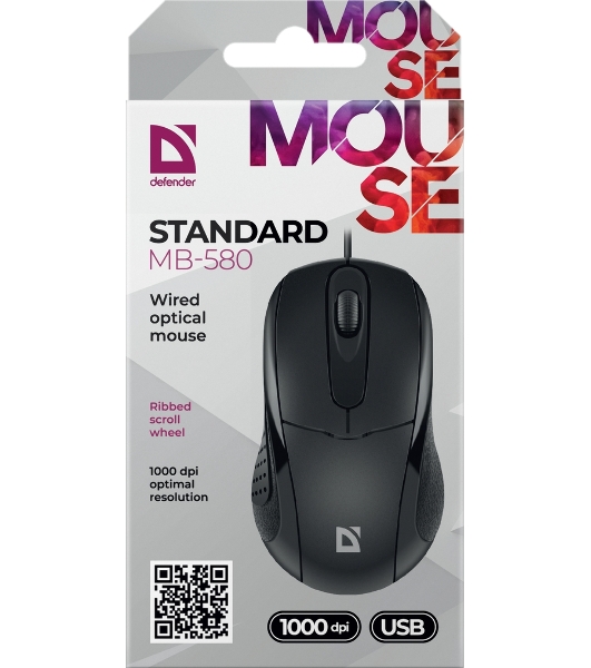 Мышь проводная Defender Standard MB-580 черный, 1000 dpi, USB, кнопки - 3