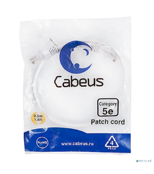 Шнур комм. Cabeus, кат. 5е, неэкр., U/UTP, RJ45/RJ45, LSZH, AWG24, 0.5м, белый