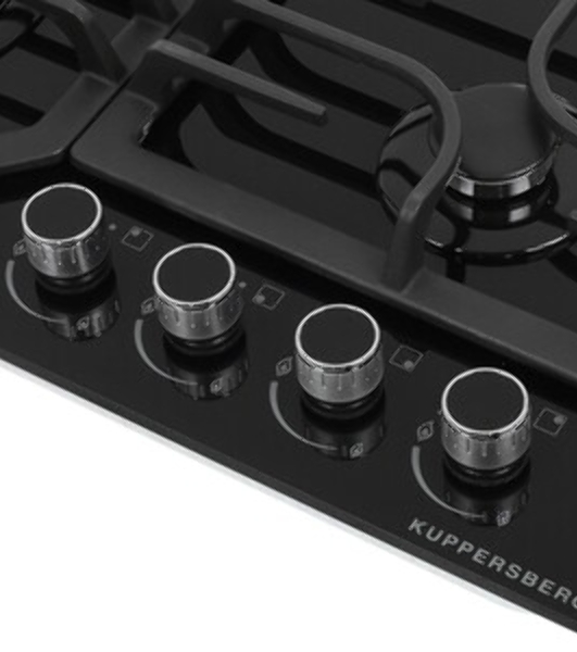 Встраиваемые газовые панели Kuppersberg FG 63 B Газовая варочная панель стекло, ширина 60 см, 4 газовые конфорки,комфорка повышенной мощности,автоподжиг, газ-контроль, чугунные решетки, цвет черный