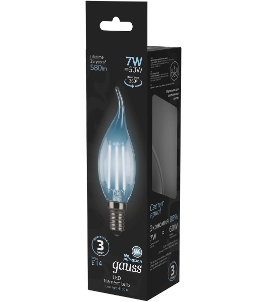Лампа светодиодная Gauss LED Filament Свеча на ветру E14 7W 580lm 4100К 1/10/50