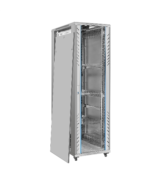 Шкаф телекоммуникационный 19' напольный 42U ExeGate EC-FS-42U.600.800.G.V.GREY (19”, 42U, 600x800x2054mm (ШхГхВ), передняя дверь закаленное стекло, задняя перфорированная дверь, съемные боковые панели, пыле- и влагозащита IP20, встроенный вентиляционный модуль, 1 полка в комплекте, светло-серый RAL 7035, 3 коробки)