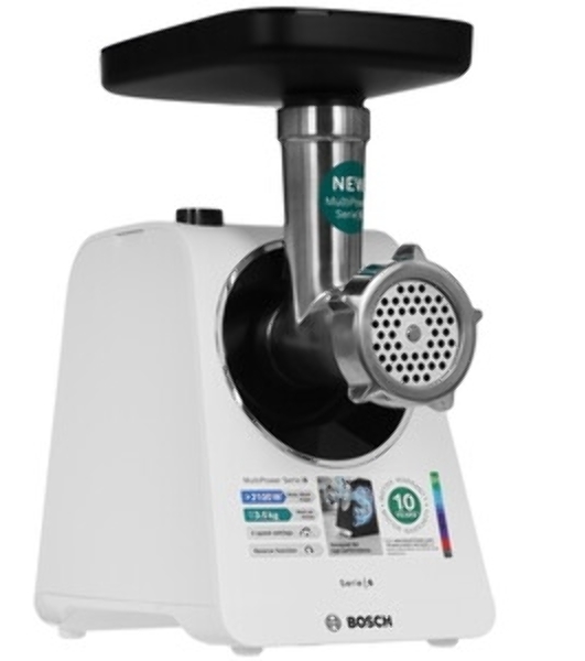 Мясорубка электрическая Bosch MFWS607W белый, 2100 Вт, 3.5 кг/мин, реверс, насадки - 4