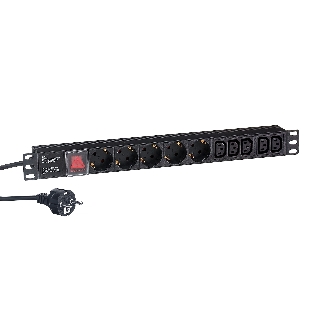 Блок розеток горизонтальный ExeGate ServerPro PDU-19H009 Al-5C135S-EU2.5-SW, 19', 1U, Алюминий, 5 IEC 320 C13, 5 Schuko, кабель с евровилкой VDE-250V-16A-3*1.5мм2, 2.5 метра, выкл. с подсветкой, черный