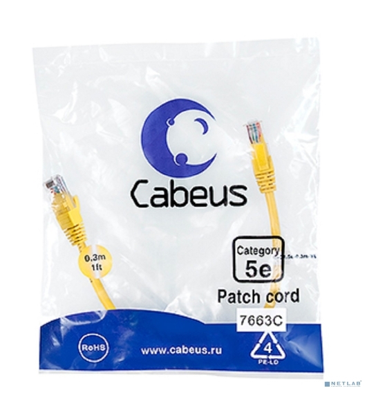 Патч-корд Cabeus, Cat.5e, неэкр., U/UTP, RJ45/RJ45, PVC, AWG24, 0.3м, желтый